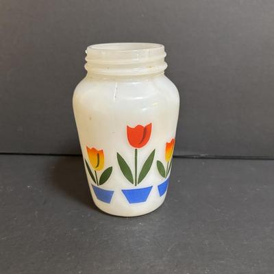 LOT 195: Vintage Orange Juice Serving Pitcher, Tomato Juice Serving Pitched, MCM Tilted Clear Pitcher, Anchor Hocking Tulip Jar w/Lid,...