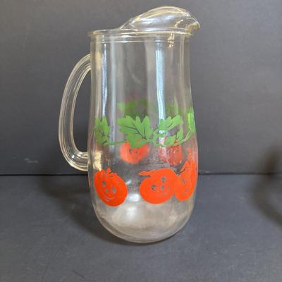 LOT 195: Vintage Orange Juice Serving Pitcher, Tomato Juice Serving Pitched, MCM Tilted Clear Pitcher, Anchor Hocking Tulip Jar w/Lid,...