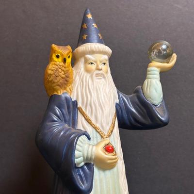 LOT 198: Vintage Wizard/Merlin San Francisco Music Box, Goebel Owls, Snow Owl Decanter, 3 Oil Lamps, Wooden Carved Owl & More