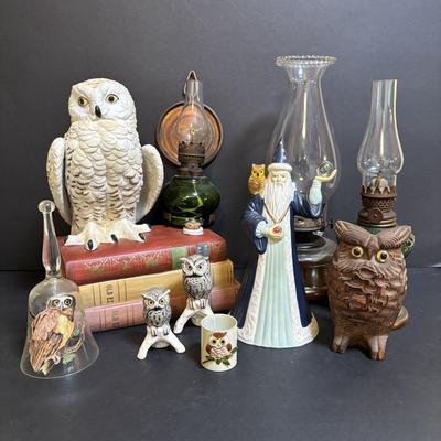 LOT 198: Vintage Wizard/Merlin San Francisco Music Box, Goebel Owls, Snow Owl Decanter, 3 Oil Lamps, Wooden Carved Owl & More