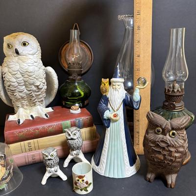 LOT 198: Vintage Wizard/Merlin San Francisco Music Box, Goebel Owls, Snow Owl Decanter, 3 Oil Lamps, Wooden Carved Owl & More