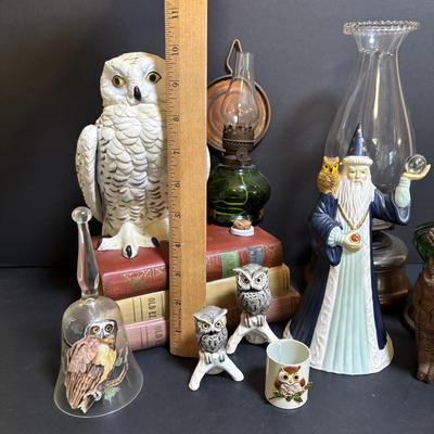 LOT 198: Vintage Wizard/Merlin San Francisco Music Box, Goebel Owls, Snow Owl Decanter, 3 Oil Lamps, Wooden Carved Owl & More