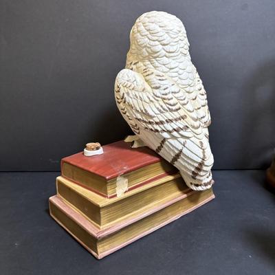 LOT 198: Vintage Wizard/Merlin San Francisco Music Box, Goebel Owls, Snow Owl Decanter, 3 Oil Lamps, Wooden Carved Owl & More