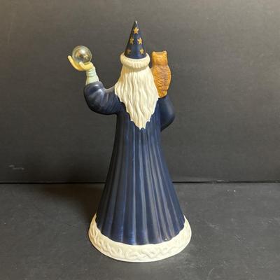 LOT 198: Vintage Wizard/Merlin San Francisco Music Box, Goebel Owls, Snow Owl Decanter, 3 Oil Lamps, Wooden Carved Owl & More