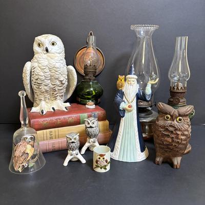 LOT 198: Vintage Wizard/Merlin San Francisco Music Box, Goebel Owls, Snow Owl Decanter, 3 Oil Lamps, Wooden Carved Owl & More