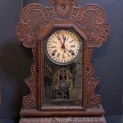 LOT 201: Antique Gingerbread Mantel Calendar Clock - Untested
