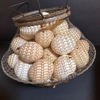 LOT 203: Antique Cast Iron Dover Egg Beater, Vintage Bread Tin, Graters, Utensils, Blown-out Eggs in Wire Basket