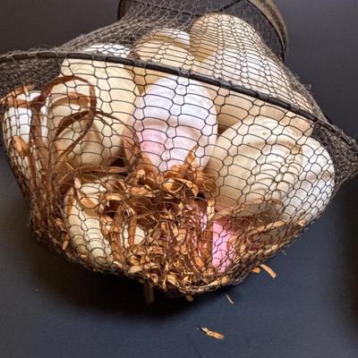 LOT 203: Antique Cast Iron Dover Egg Beater, Vintage Bread Tin, Graters, Utensils, Blown-out Eggs in Wire Basket