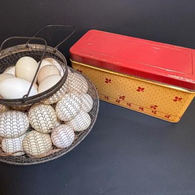 LOT 203: Antique Cast Iron Dover Egg Beater, Vintage Bread Tin, Graters, Utensils, Blown-out Eggs in Wire Basket