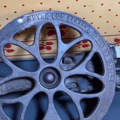 LOT 203: Antique Cast Iron Dover Egg Beater, Vintage Bread Tin, Graters, Utensils, Blown-out Eggs in Wire Basket