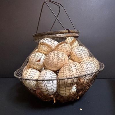 LOT 203: Antique Cast Iron Dover Egg Beater, Vintage Bread Tin, Graters, Utensils, Blown-out Eggs in Wire Basket