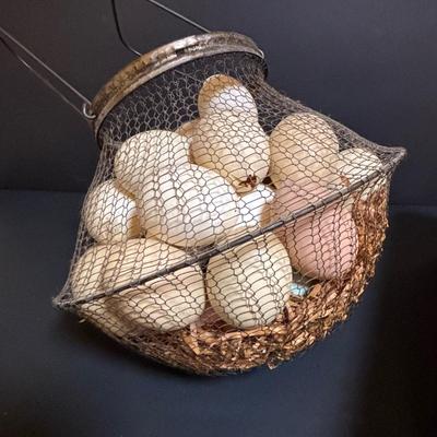 LOT 203: Antique Cast Iron Dover Egg Beater, Vintage Bread Tin, Graters, Utensils, Blown-out Eggs in Wire Basket