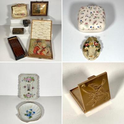 LOT 218: Vintage Collection - Purse Pin Money Bank, Trinket Boxes / Dishes, Win-El-Ware England Oversized Coasters, Decorative Mother...
