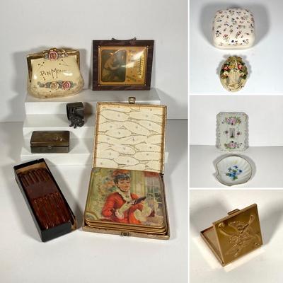 LOT 218: Vintage Collection - Purse Pin Money Bank, Trinket Boxes / Dishes, Win-El-Ware England Oversized Coasters, Decorative Mother...