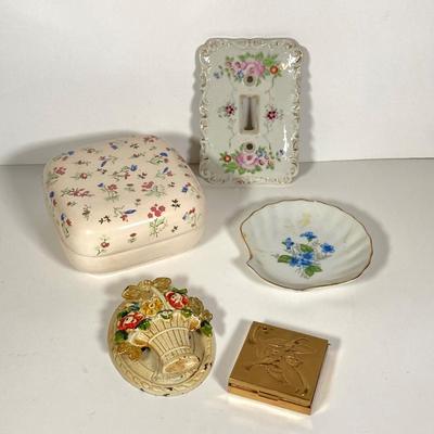 LOT 218: Vintage Collection - Purse Pin Money Bank, Trinket Boxes / Dishes, Win-El-Ware England Oversized Coasters, Decorative Mother...