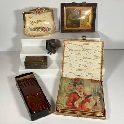 LOT 218: Vintage Collection - Purse Pin Money Bank, Trinket Boxes / Dishes, Win-El-Ware England Oversized Coasters, Decorative Mother...
