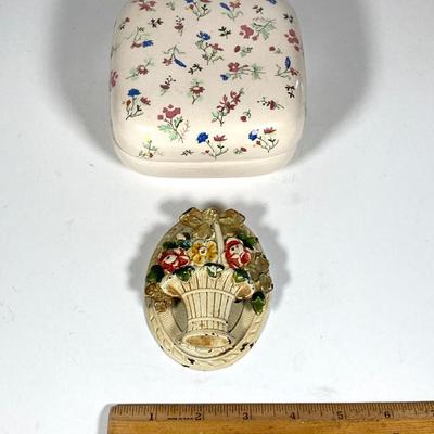 LOT 218: Vintage Collection - Purse Pin Money Bank, Trinket Boxes / Dishes, Win-El-Ware England Oversized Coasters, Decorative Mother...