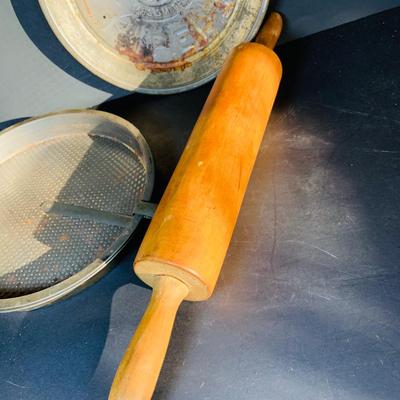 LOT 219: Vintage Kitchen Baking Pans, Sheet, Muffin Tins, Pie Pans, Sifters, Strainers and More