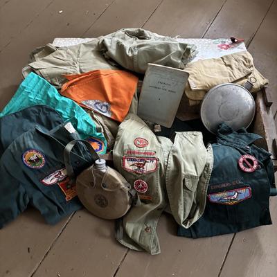 LOT 802: Boy Scout of America Collection: Uniforms, Canteens & Wooden Footlocker