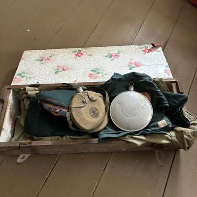 LOT 802: Boy Scout of America Collection: Uniforms, Canteens & Wooden Footlocker