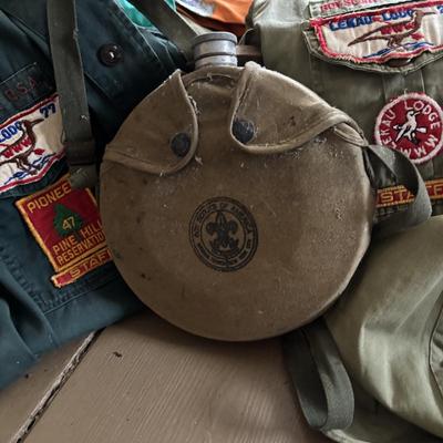 LOT 802: Boy Scout of America Collection: Uniforms, Canteens & Wooden Footlocker