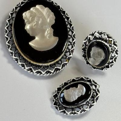 Cameo Pin with Clip on Earrings