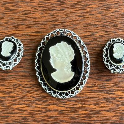 Cameo Pin with Clip on Earrings