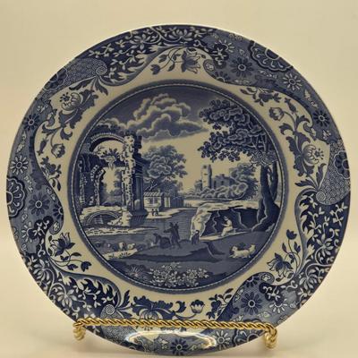 LOT 6L: Vintage Porcelain Blue Plate with Pierced Edges, Spode Plates and Set of Six Coasters, & Small Square Andrea by Sadek Plate