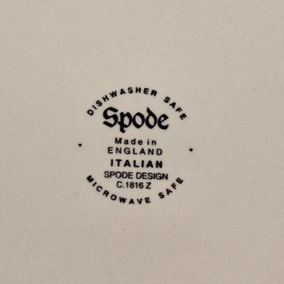 LOT 6L: Vintage Porcelain Blue Plate with Pierced Edges, Spode Plates and Set of Six Coasters, & Small Square Andrea by Sadek Plate