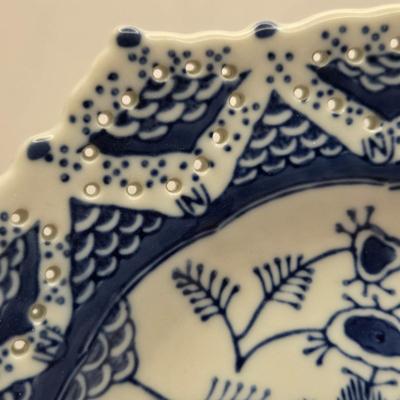 LOT 6L: Vintage Porcelain Blue Plate with Pierced Edges, Spode Plates and Set of Six Coasters, & Small Square Andrea by Sadek Plate