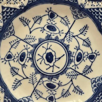 LOT 6L: Vintage Porcelain Blue Plate with Pierced Edges, Spode Plates and Set of Six Coasters, & Small Square Andrea by Sadek Plate