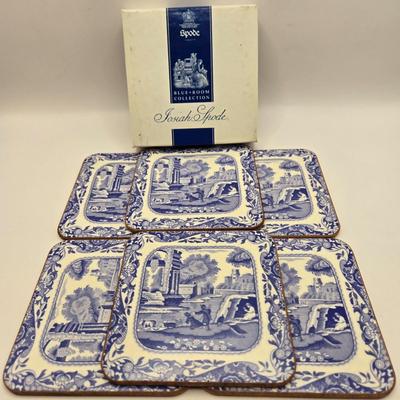 LOT 6L: Vintage Porcelain Blue Plate with Pierced Edges, Spode Plates and Set of Six Coasters, & Small Square Andrea by Sadek Plate