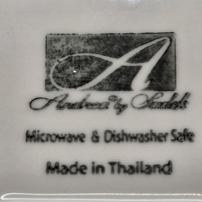 LOT 6L: Vintage Porcelain Blue Plate with Pierced Edges, Spode Plates and Set of Six Coasters, & Small Square Andrea by Sadek Plate