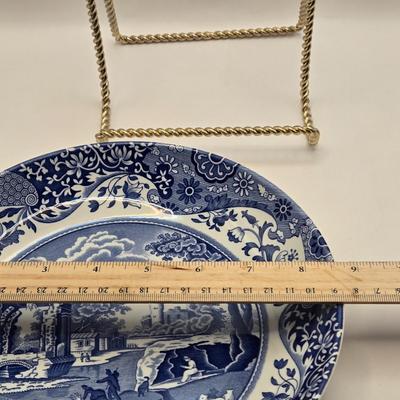 LOT 6L: Vintage Porcelain Blue Plate with Pierced Edges, Spode Plates and Set of Six Coasters, & Small Square Andrea by Sadek Plate