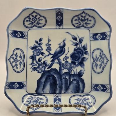 LOT 6L: Vintage Porcelain Blue Plate with Pierced Edges, Spode Plates and Set of Six Coasters, & Small Square Andrea by Sadek Plate