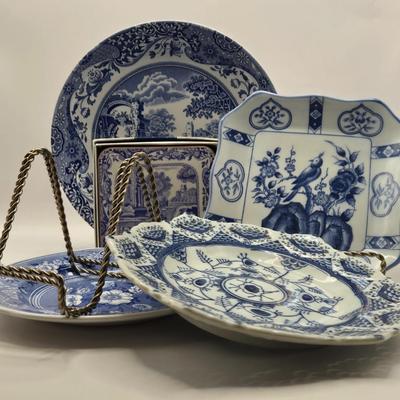 LOT 6L: Vintage Porcelain Blue Plate with Pierced Edges, Spode Plates and Set of Six Coasters, & Small Square Andrea by Sadek Plate