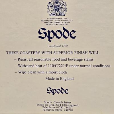 LOT 6L: Vintage Porcelain Blue Plate with Pierced Edges, Spode Plates and Set of Six Coasters, & Small Square Andrea by Sadek Plate