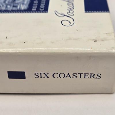 LOT 6L: Vintage Porcelain Blue Plate with Pierced Edges, Spode Plates and Set of Six Coasters, & Small Square Andrea by Sadek Plate