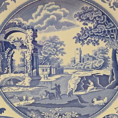 LOT 6L: Vintage Porcelain Blue Plate with Pierced Edges, Spode Plates and Set of Six Coasters, & Small Square Andrea by Sadek Plate