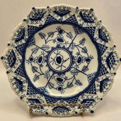 LOT 6L: Vintage Porcelain Blue Plate with Pierced Edges, Spode Plates and Set of Six Coasters, & Small Square Andrea by Sadek Plate