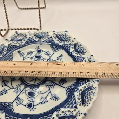 LOT 6L: Vintage Porcelain Blue Plate with Pierced Edges, Spode Plates and Set of Six Coasters, & Small Square Andrea by Sadek Plate