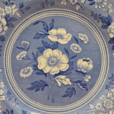 LOT 6L: Vintage Porcelain Blue Plate with Pierced Edges, Spode Plates and Set of Six Coasters, & Small Square Andrea by Sadek Plate