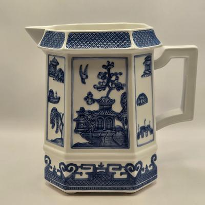 LOT 7L: Willow Blue Series 7 Pitcher, Unknown Make Pot with Lid, Formalities by Baum Bros. Vase, Small Bombay Bowl