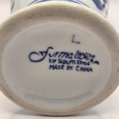 LOT 7L: Willow Blue Series 7 Pitcher, Unknown Make Pot with Lid, Formalities by Baum Bros. Vase, Small Bombay Bowl