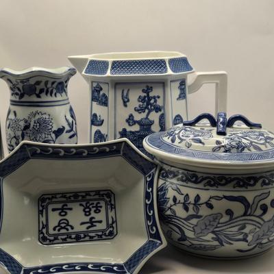 LOT 7L: Willow Blue Series 7 Pitcher, Unknown Make Pot with Lid, Formalities by Baum Bros. Vase, Small Bombay Bowl