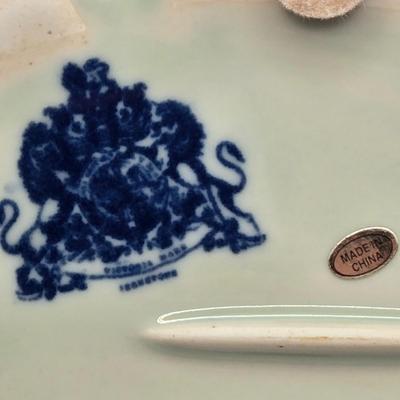 LOT 8L: Unknown Maker Blue and White Flowered Lamp, Victoria Ware Bowl & Small Pitcher