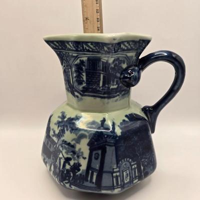 LOT 8L: Unknown Maker Blue and White Flowered Lamp, Victoria Ware Bowl & Small Pitcher