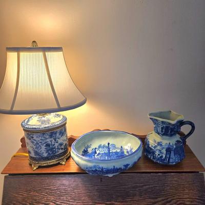 LOT 8L: Unknown Maker Blue and White Flowered Lamp, Victoria Ware Bowl & Small Pitcher