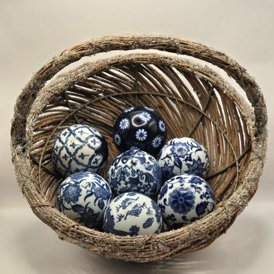 LOT 10L: Wicker Basket with Seven Blue and White Ceramic Decor Balls