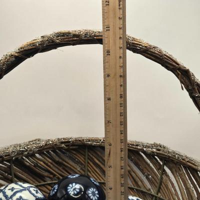 LOT 10L: Wicker Basket with Seven Blue and White Ceramic Decor Balls